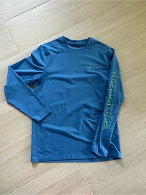 Vineyard Vines Blue Long Sleeve Tee with Neon Green Sleeve Logo